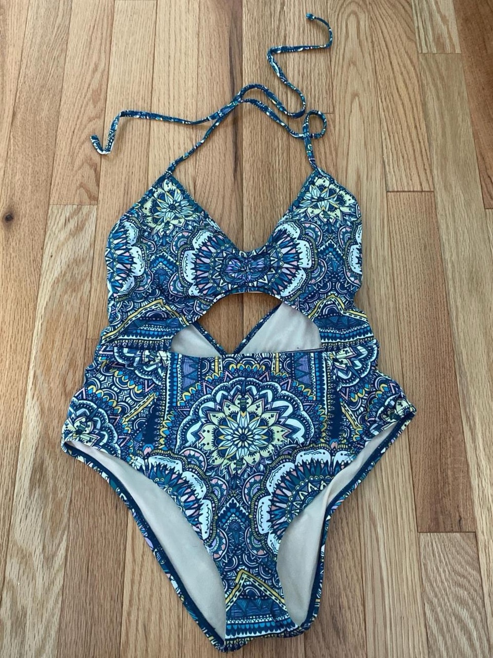 Blue Patterned One-Piece Swimsuit with Cutout